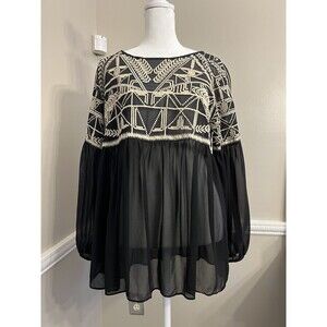 Sundance Catalog Silk Blouse Tunic Embroidered Sheer Black Tan Size M